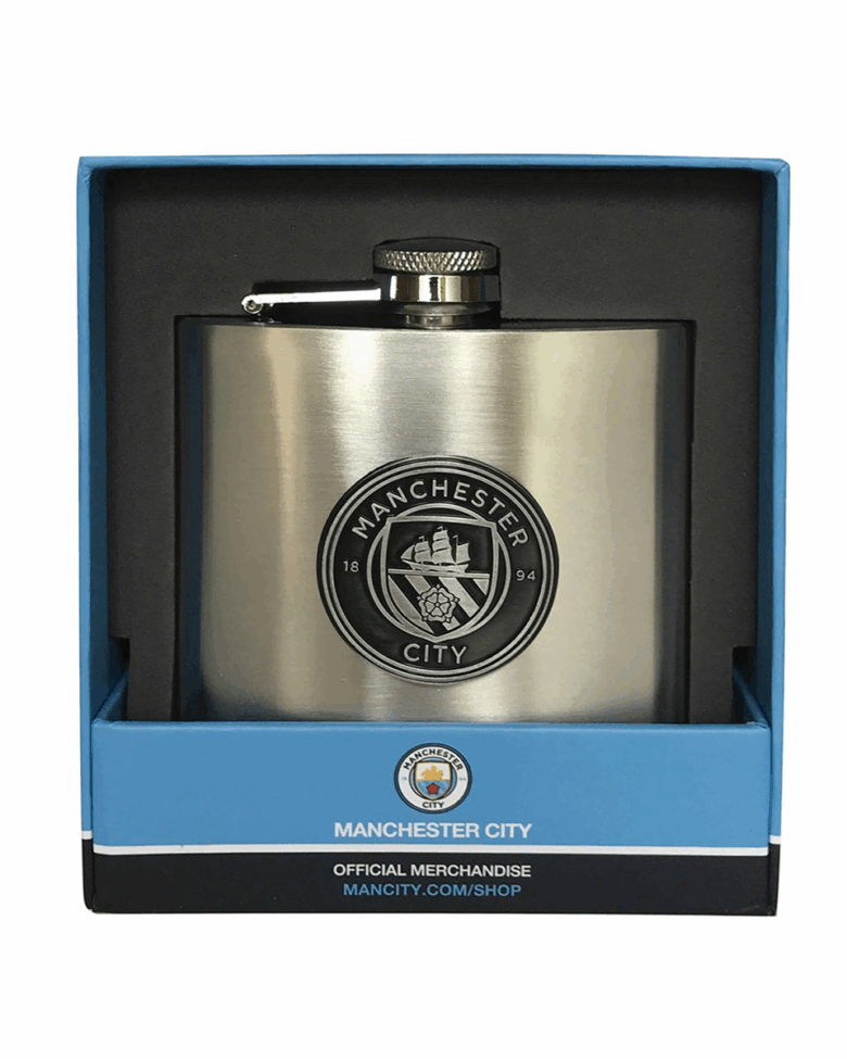 MC 6OZ HIP FLASK WITH ANTIQUE EMBLEM